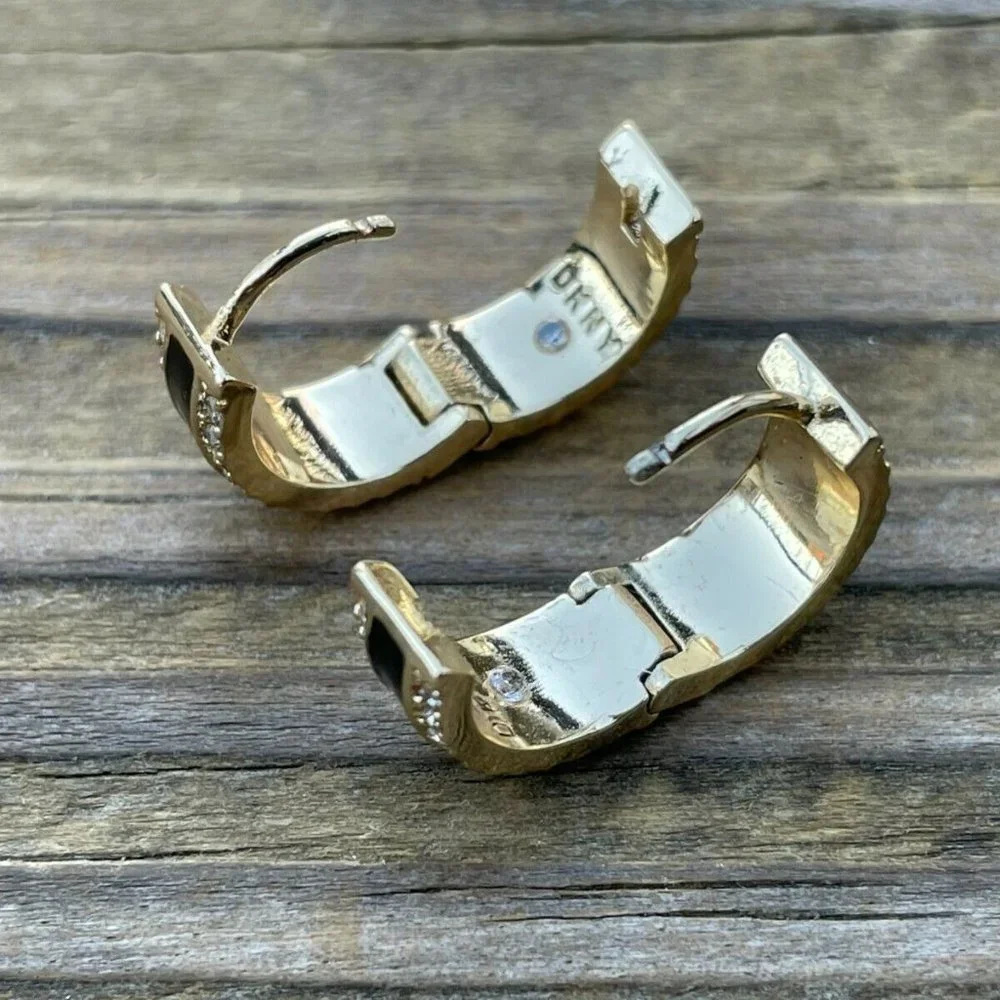 DKNY Women Earrings GoldBlack Tone Crystal Accent Hinge Ladies Ear Jewelry New - Picture 11 of 12